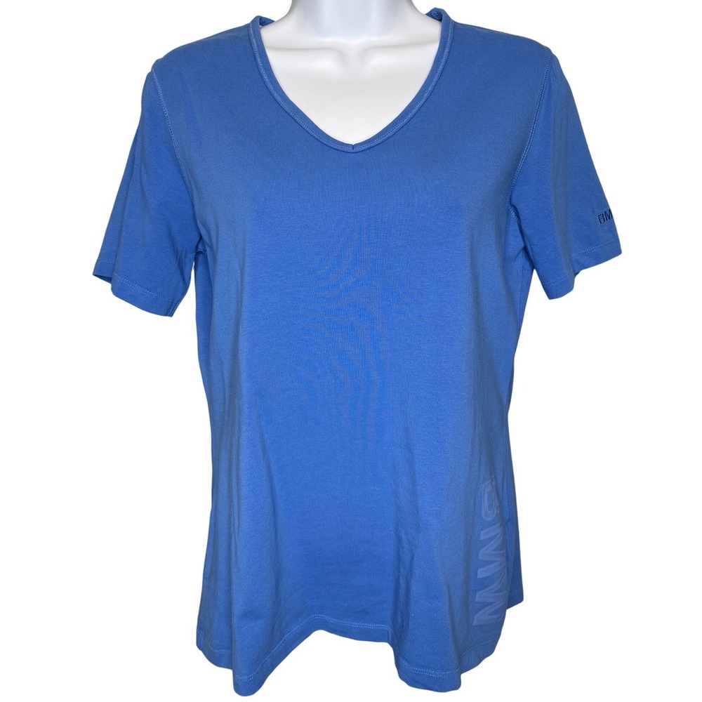 BMW Womens Blue‎ V-Neck Short Sleeve T-Shirt Sz M Car Enthusiast Propeller Logo